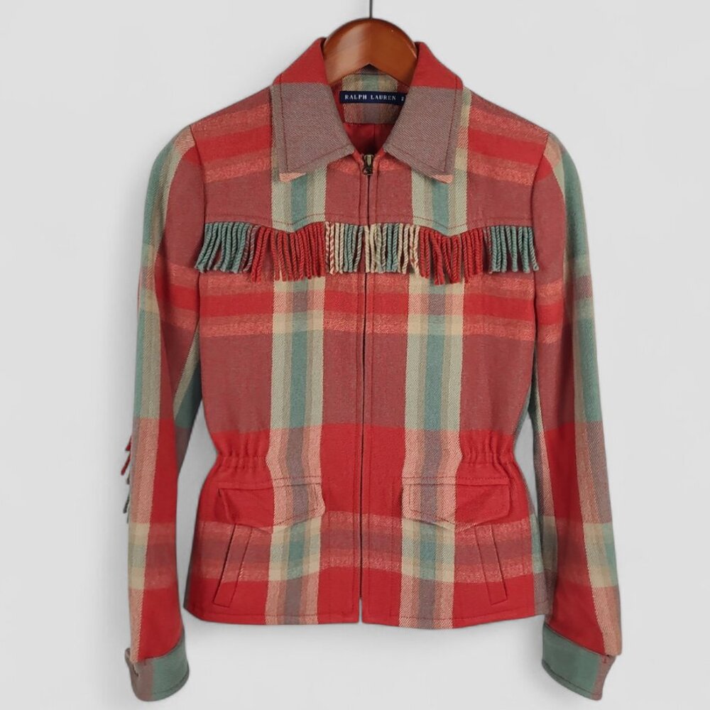 Ralph Lauren Wool Western Plaid Fringe Jacket 2 - Picture 4 of 10
